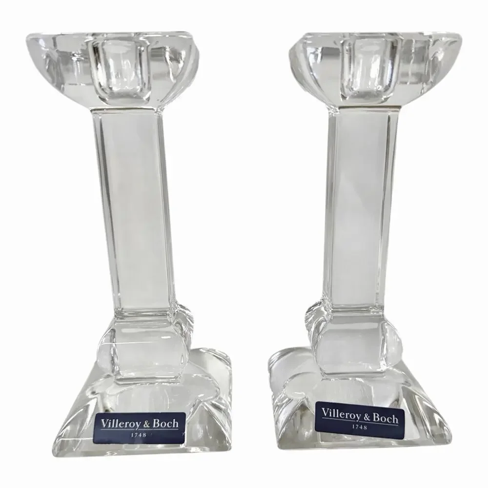 Vintage 2 VILLEROY & BOCH CRYSTAL CANDLESTICKS Square Design Made In Austria